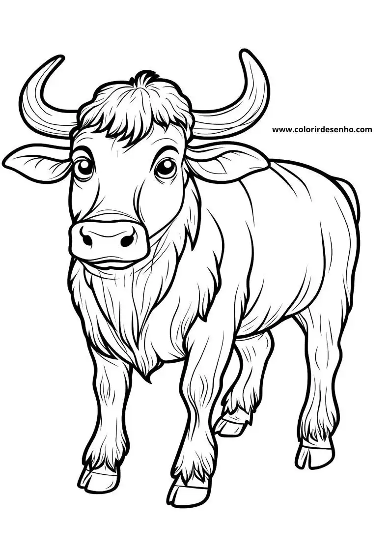 bull standing alertly with large ears thick coat curved horns and a calm expression