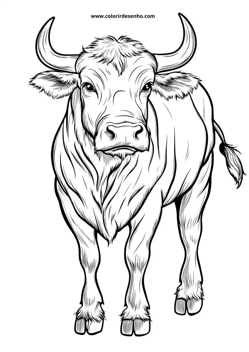 bull standing alertly with large horns and long fur on legs