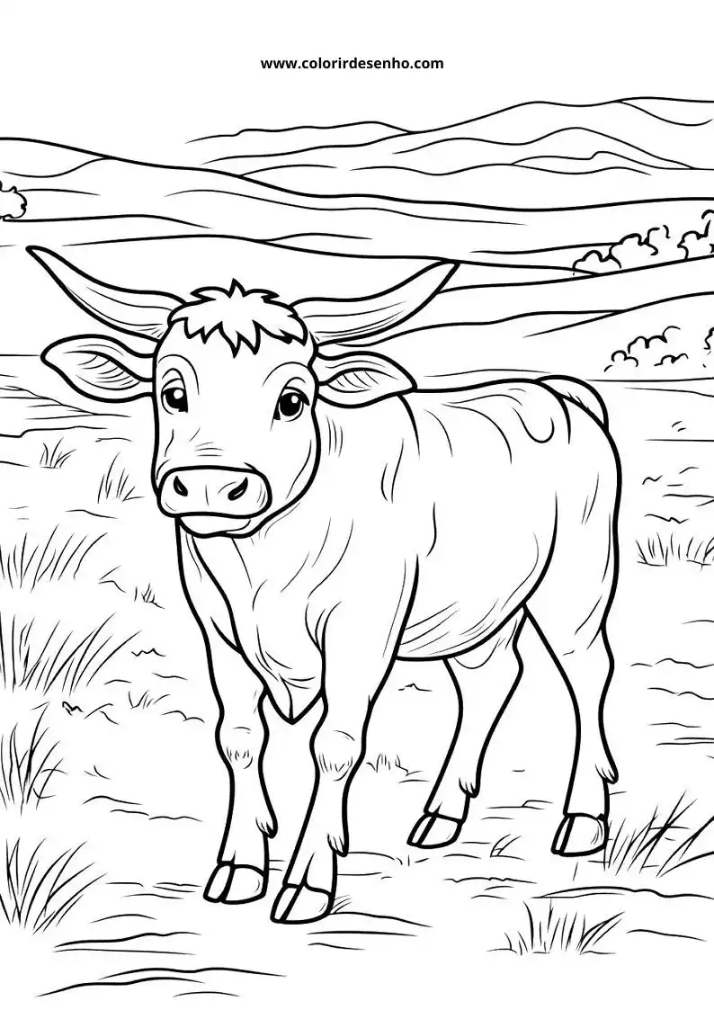 bull standing in field with grass and hills in background
