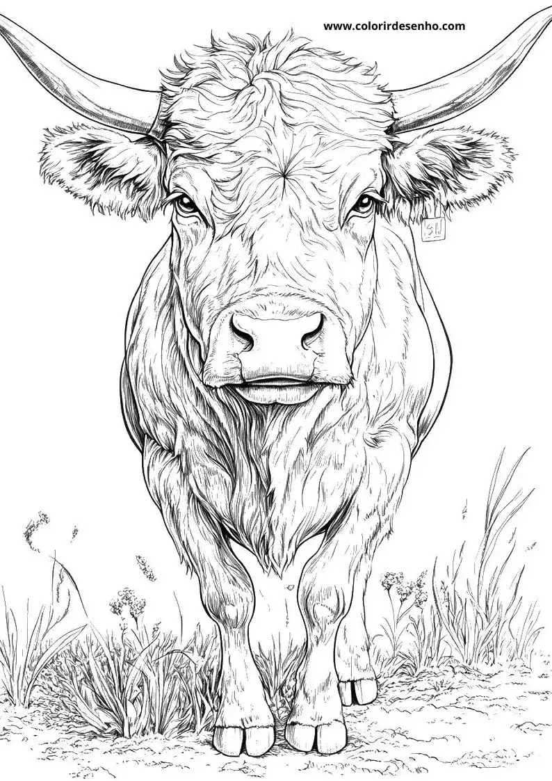 bull standing in field with long horns and thick coat