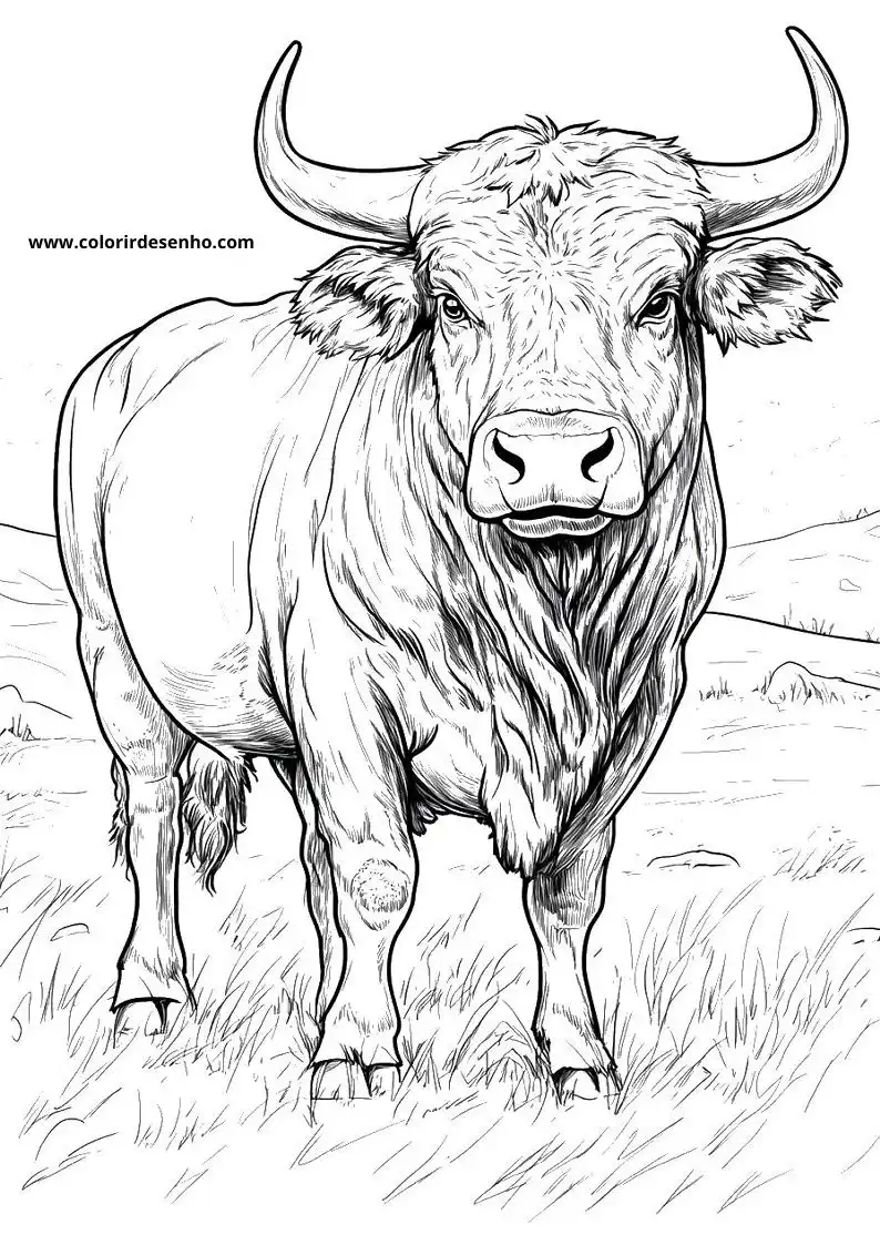 bull standing in grass facing viewer with long horns and thick coat