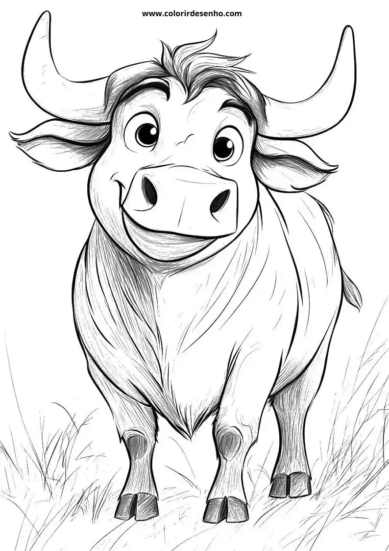 bull standing in grass smiling face large horns long hair short legs small hooves