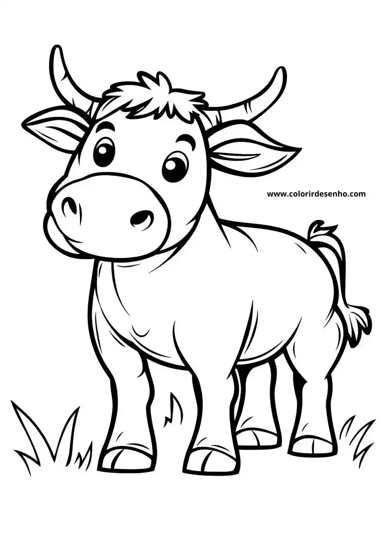 bull standing in grass smiling face small horns short mane tail curled up