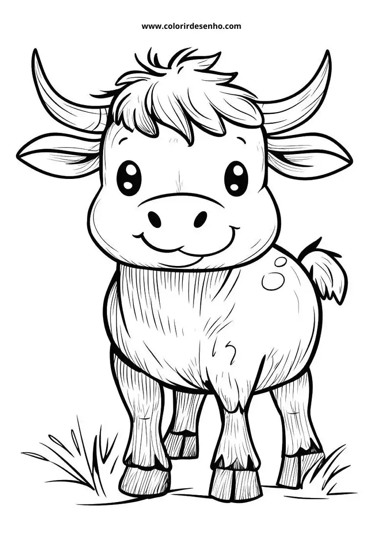 bull standing in grass smiling wearing horns and a tuft of hair
