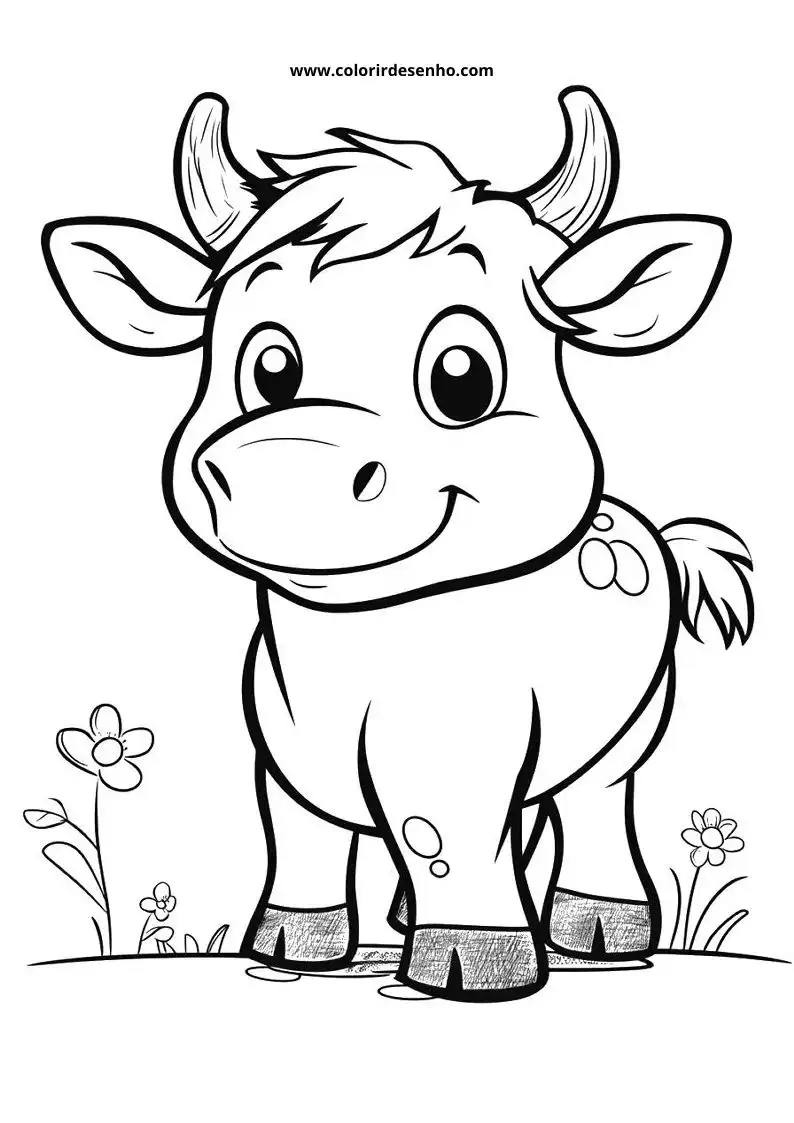 bull standing in grass with flowers and smiling face
