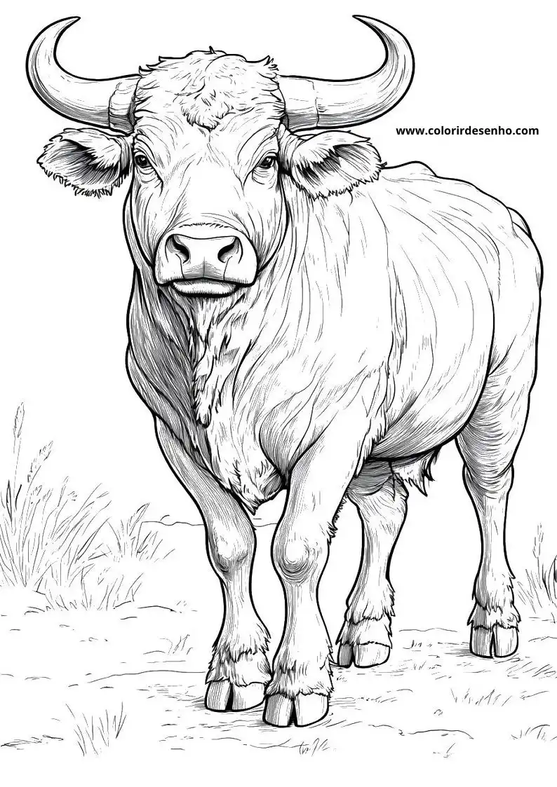 bull standing in grass with large horns and short tail