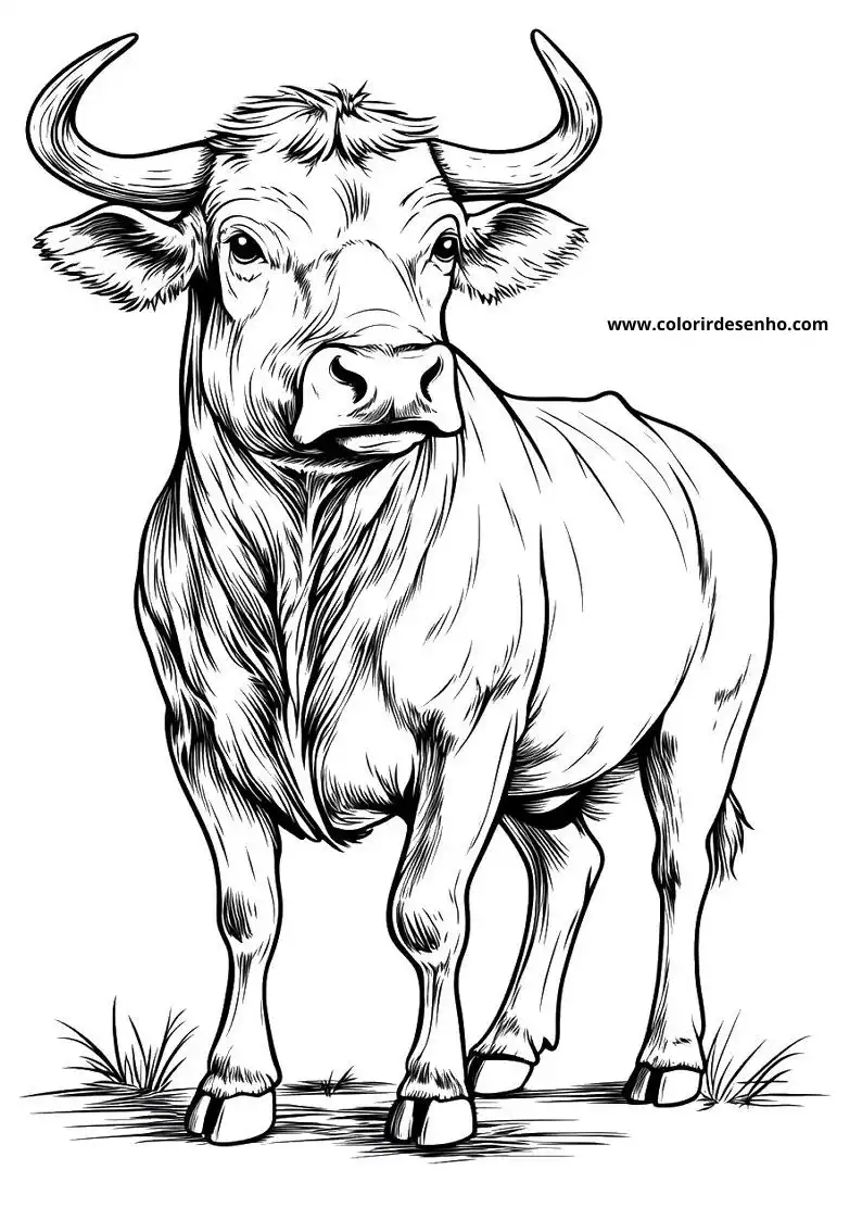 bull standing in grass with large horns and thick coat