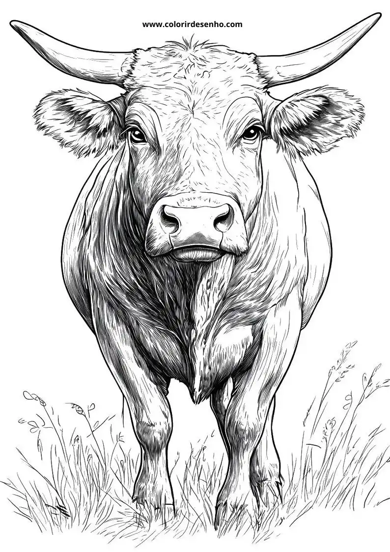 bull standing in grassy field large horns detailed face and body no clothing or
