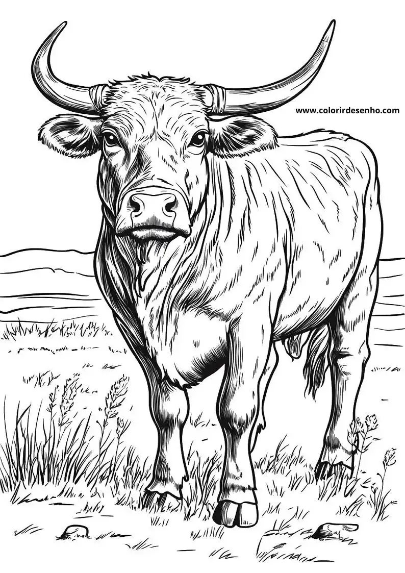 bull standing in tall grass with long horns and thick coat