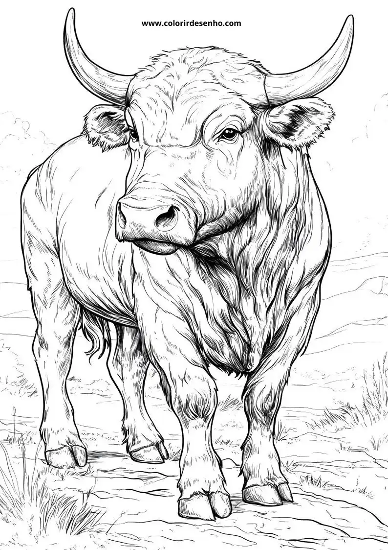 bull standing on a dirt path in a grassy field