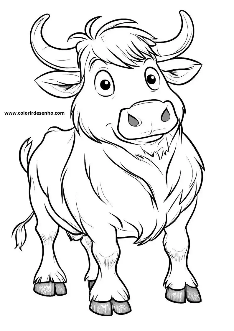 bull standing upright large eyes small horns short tail thick legs dark hooves