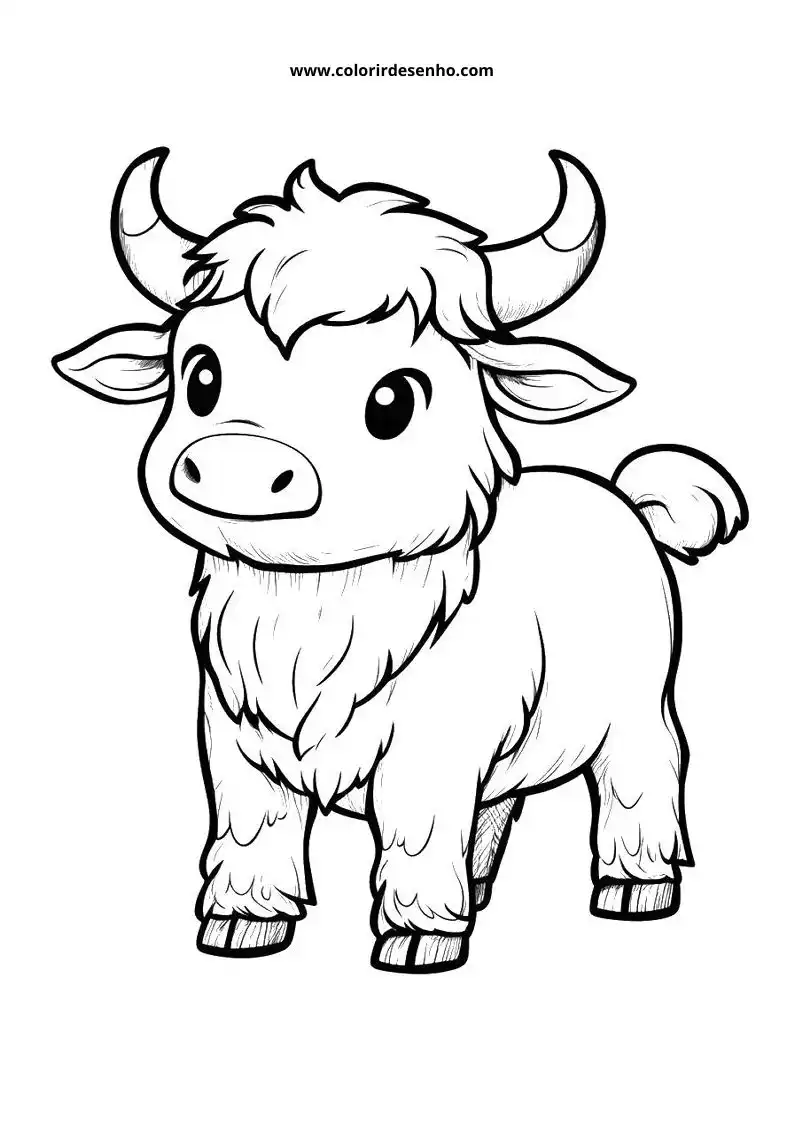 bull standing upright small horns fluffy mane tail curled up soft fur texture cute