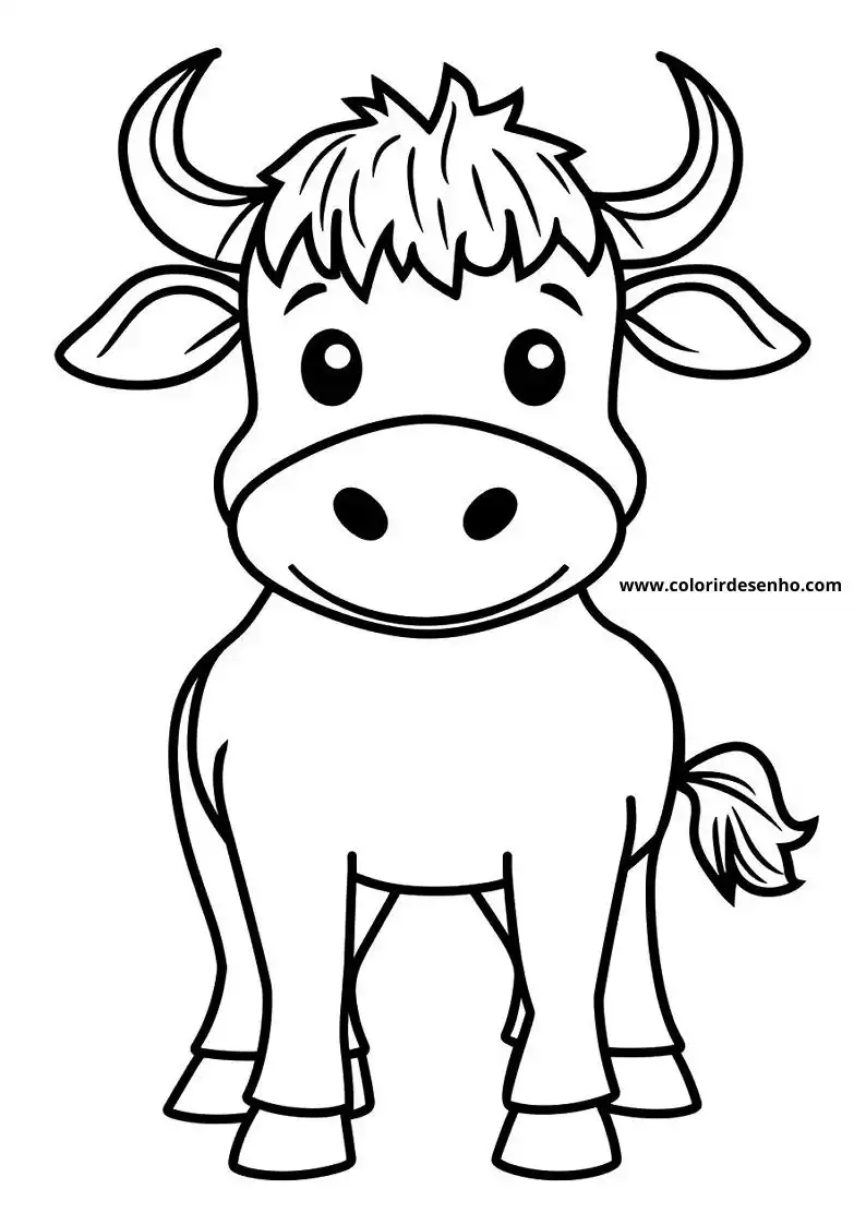 bull standing upright small horns short mane smiling face tail curled around back simple
