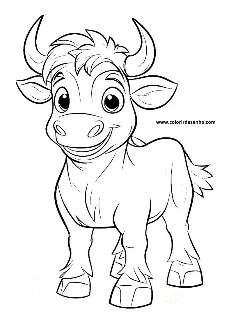 bull standing upright smiling small horns fluffy mane short tail hooves visible black