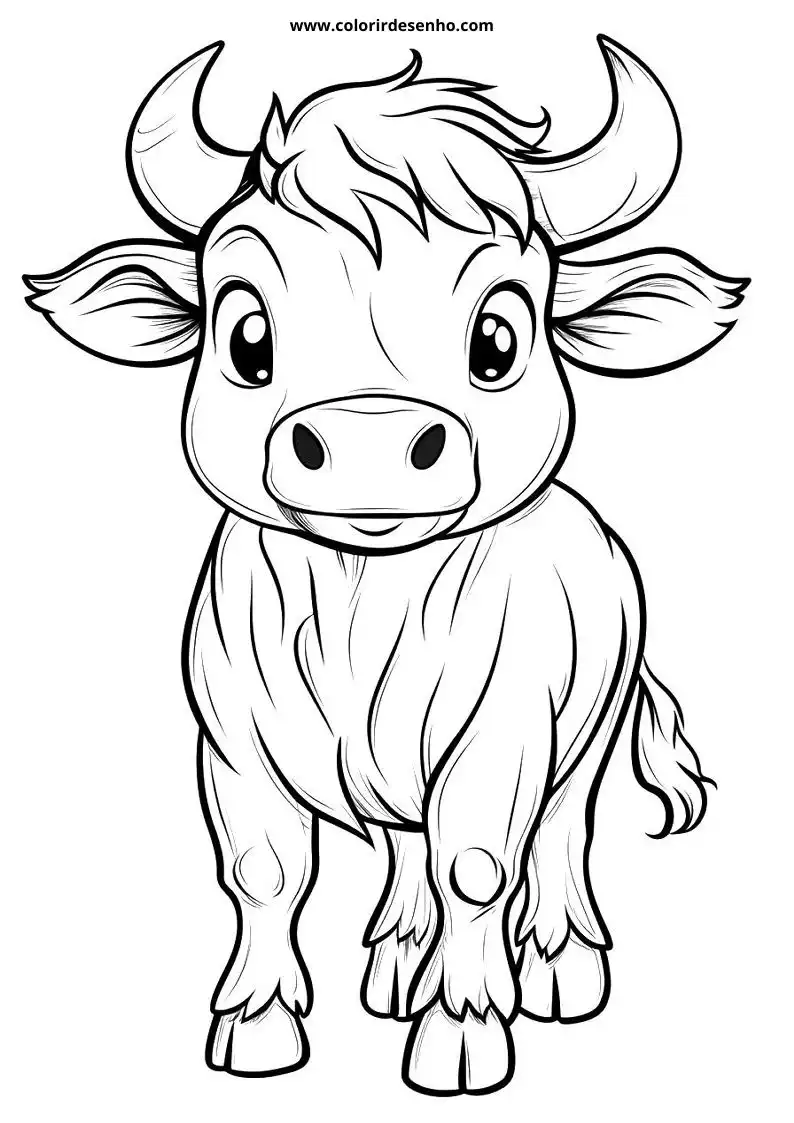 bull standing upright smiling small horns short tail large eyes small ears round belly