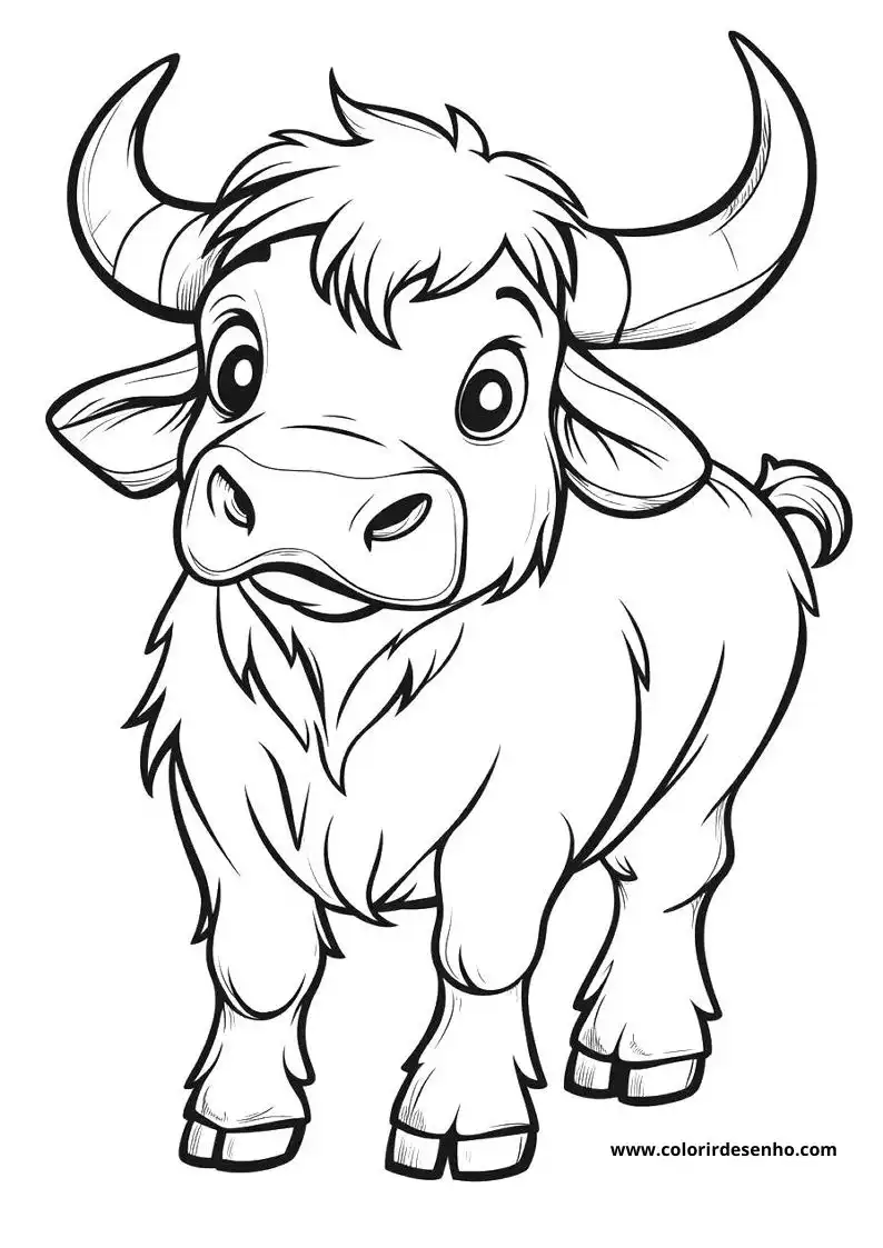 bull standing upright smiling wearing a mane and tail horns curved upwards setting clear