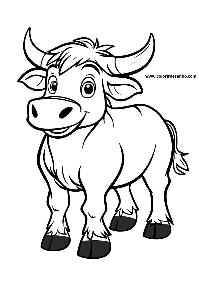 bull standing upright smiling wearing horns and hooves facing forward setting clear in black