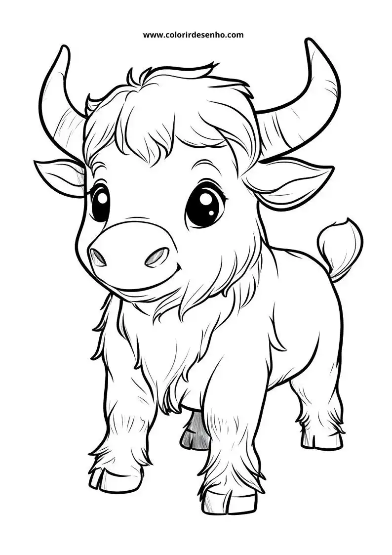 bull standing upright wearing horns and fluffy mane tail curled up