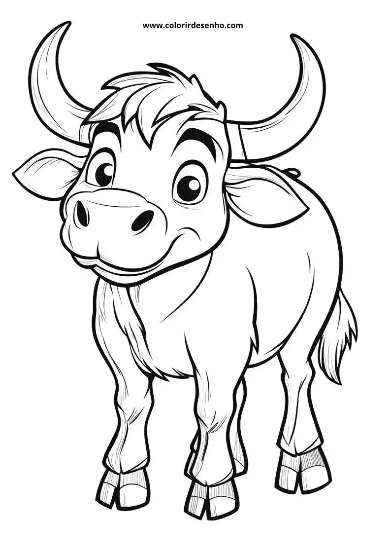 bull standing upright wearing horns and hooves looking alert