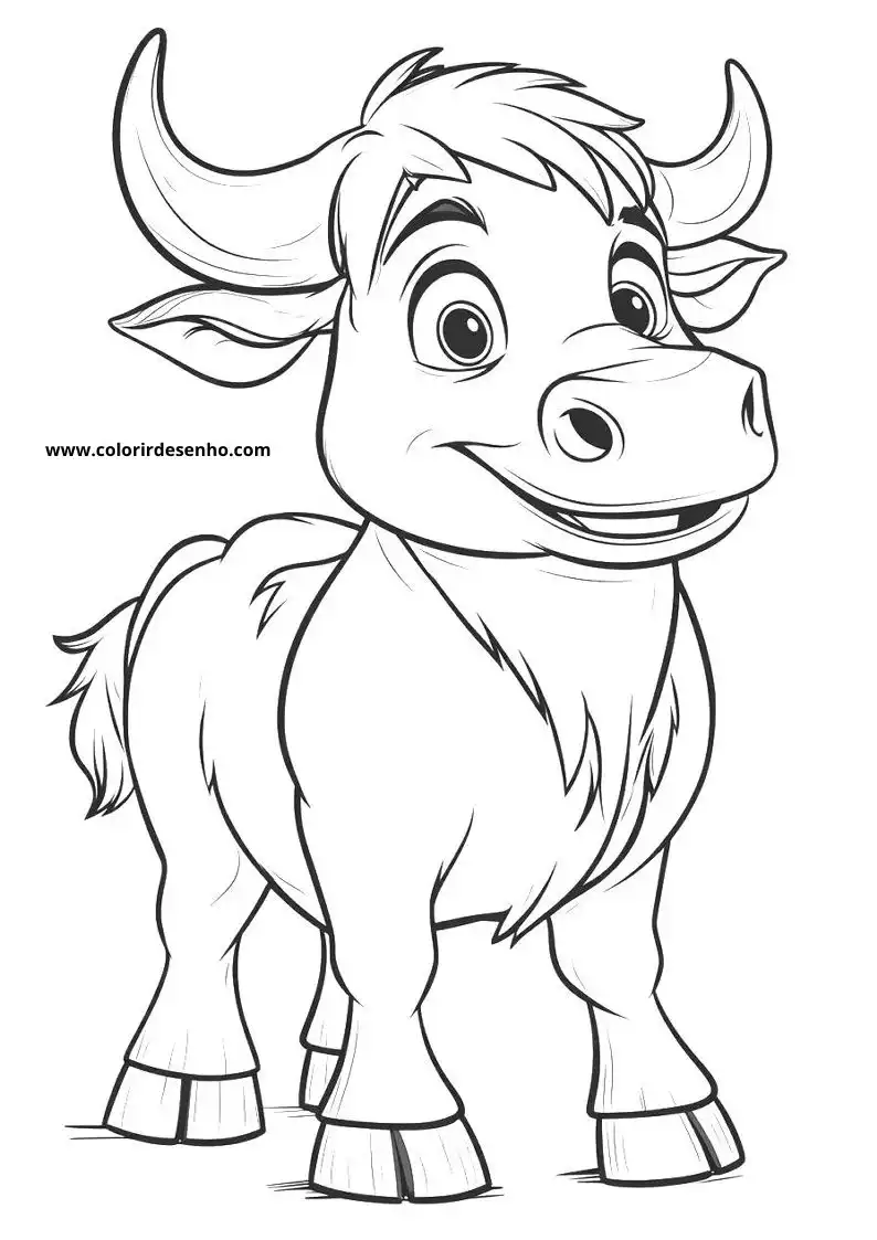 bull standing with wide eyes and curved horns smiling gently small tail and feet