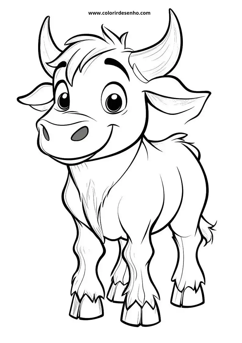 bull with short mane and large horns smiling standing upright wearing a collar around