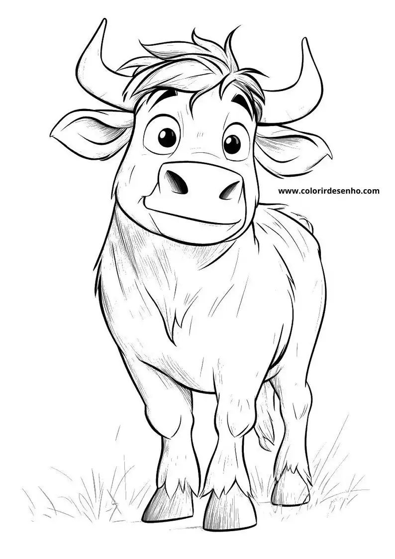 bulldrawing has a friendly expression is standing on grass wearing horns and has
