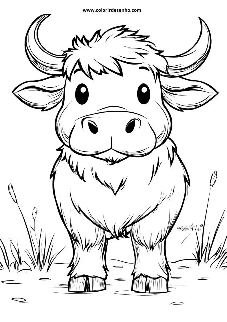 bulldrawn standing in grass with long horns and thick coat