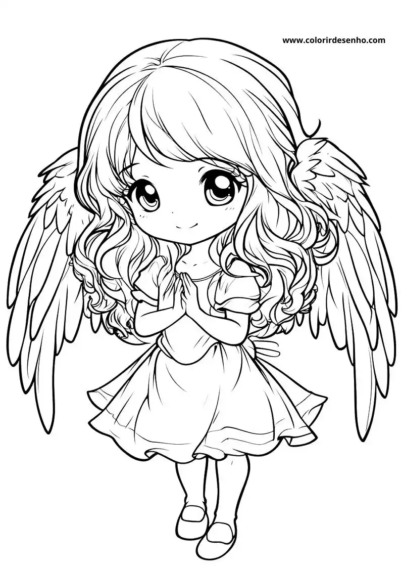 chibi angel with wings and dress praying with hands clasped in front of her