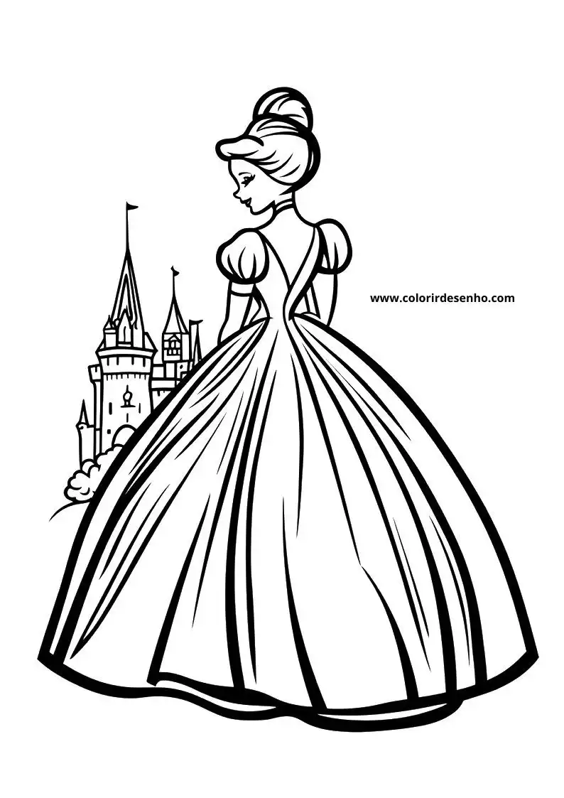 cinderella in a ball gown standing near a castle