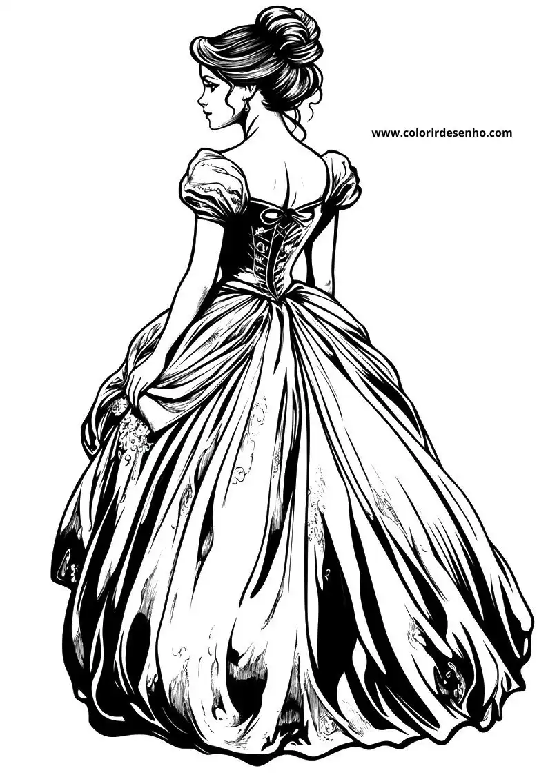 cinderella in a grand gown back view elegant hairdo poised stance detailed dress features