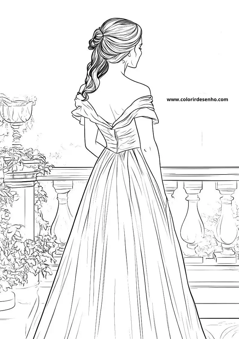 cinderella in a long elegant gown standing on a balcony with ornate railings