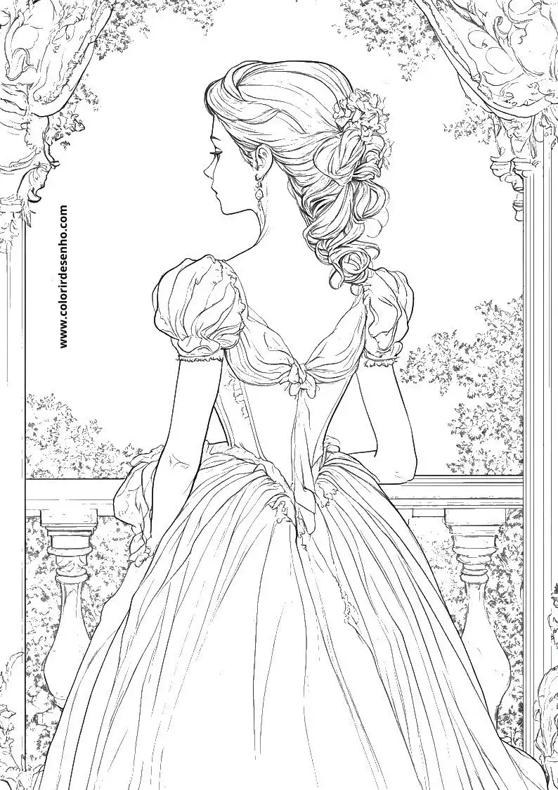 cinderella stands gracefully on a balcony wearing an elegant gown and holding her hair