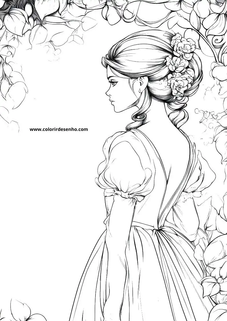cinderella stands in a garden back to viewer wearing an elegant gown with puffed