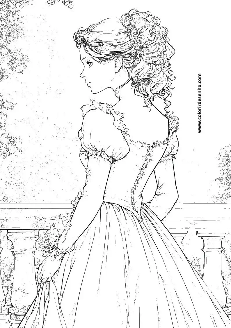 cinderella stands in a garden wearing an elegant gown and holding flowers