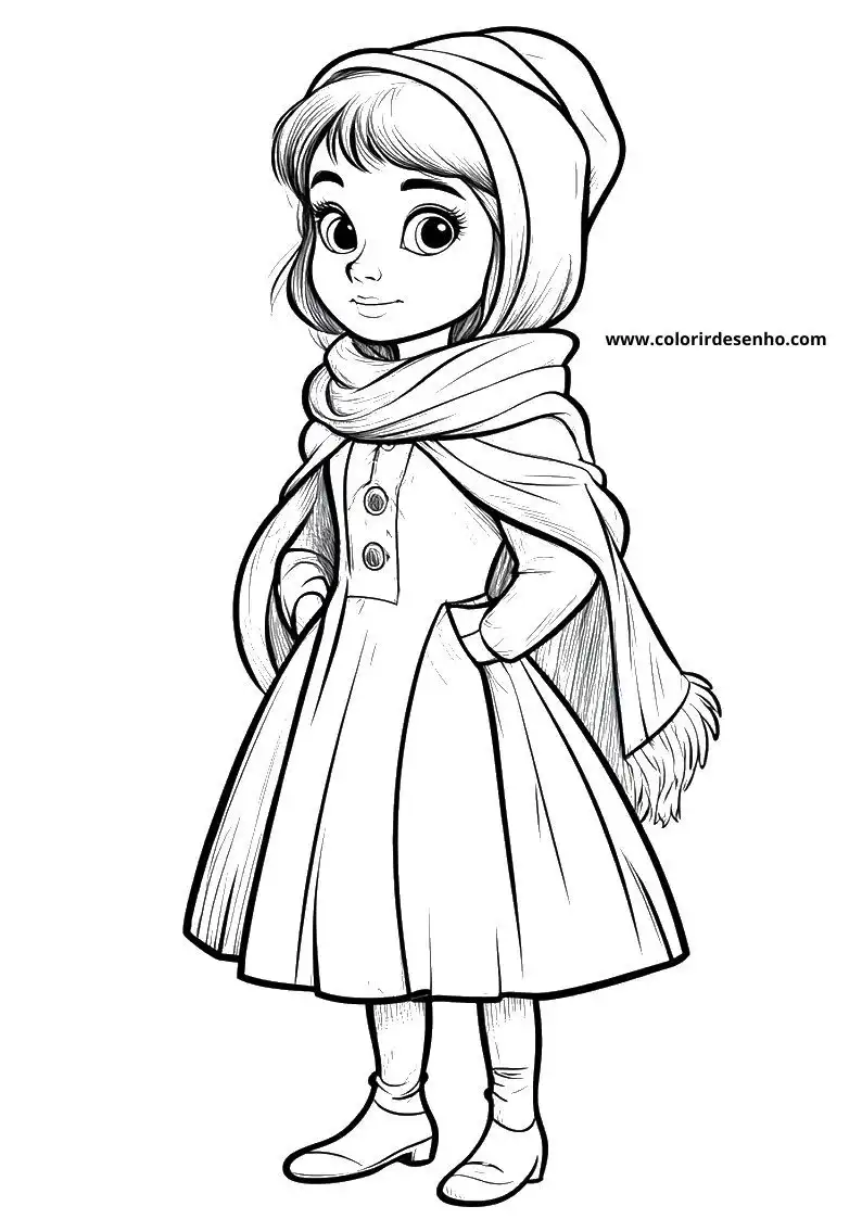cinderella stands in a snowy setting wearing a winter coat and scarf