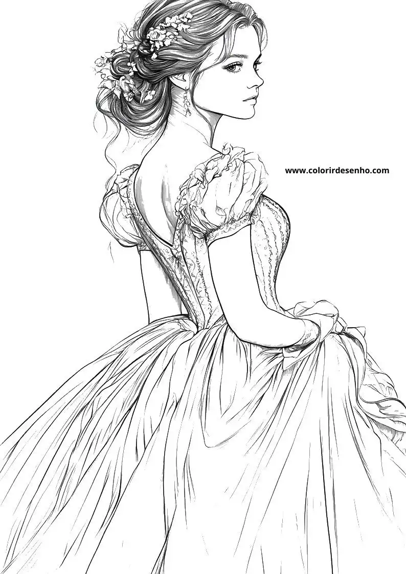 cinderella wearing a ball gown looking over her shoulder hair adorned with flowers