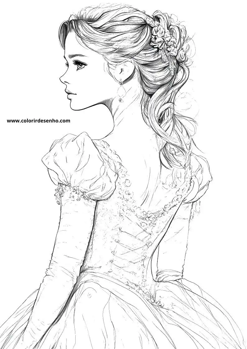 cinderella wearing a gown and holding her hand to her face in profile view