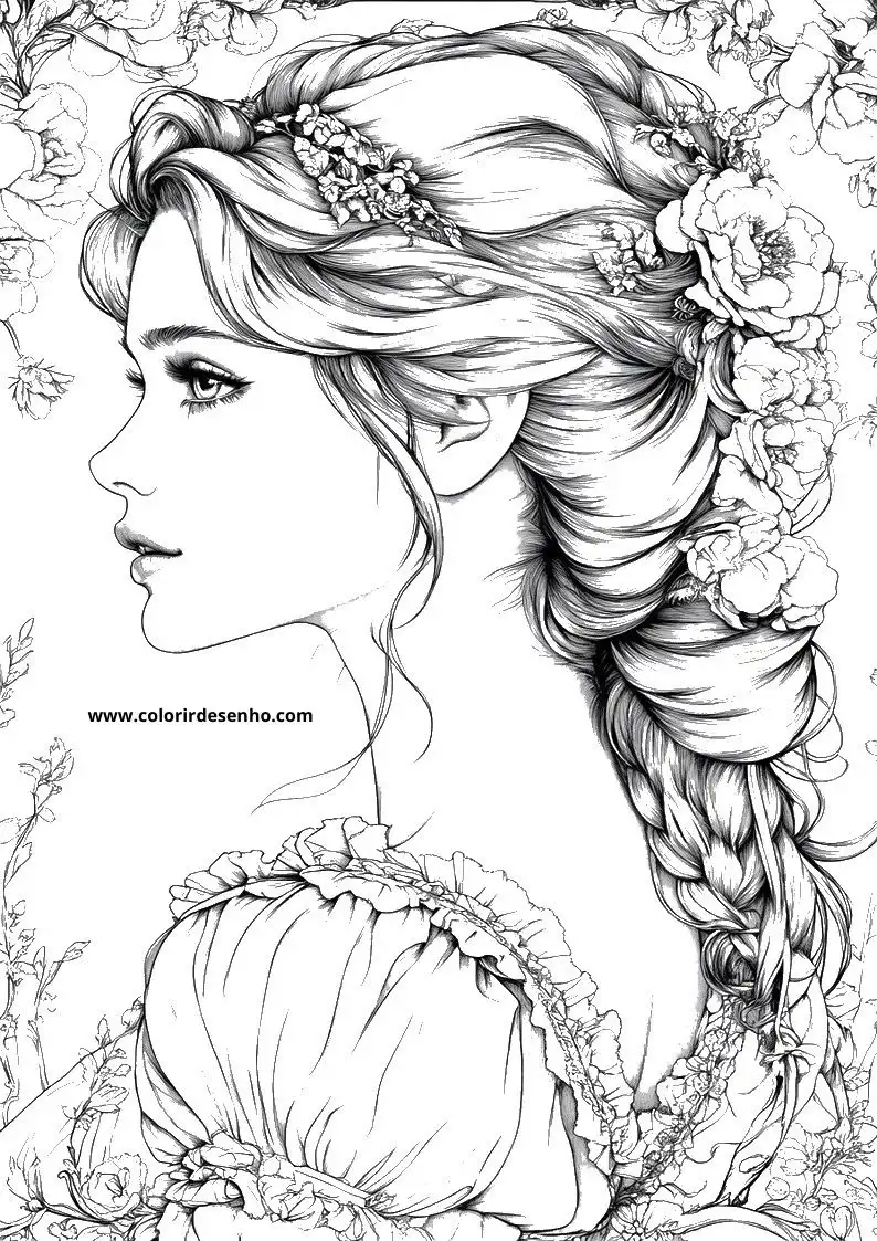 cinderella wears a floral headpiece and has long braided hair adorned with flowers