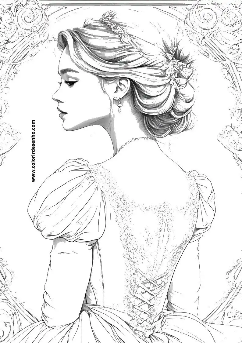 cinderella wears a gown and tiara framed by ornate designs