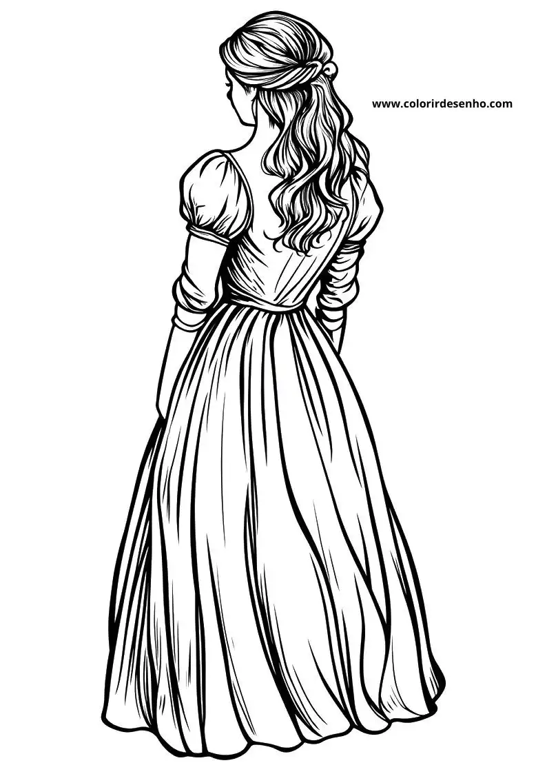 cinderella wears a long elegant gown and has her hair in an intricate braid
