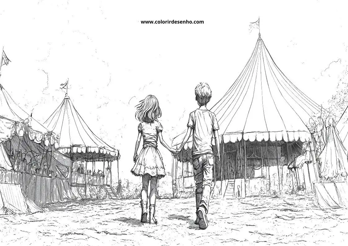 circus children walking towards circus tents