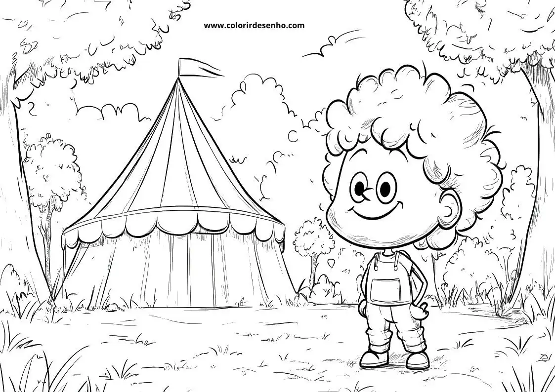 circus clown standing in front of a tent in a grassy field