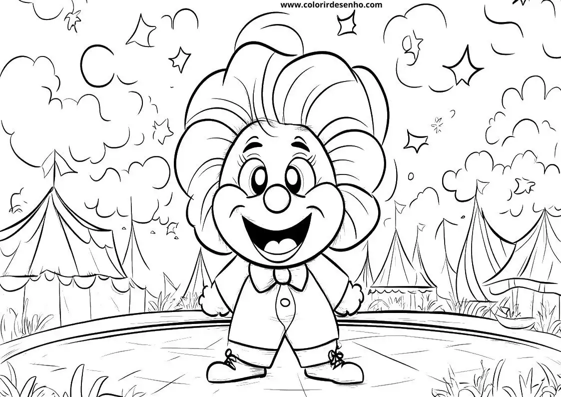 circus clown standing on a path in front of tents and stars