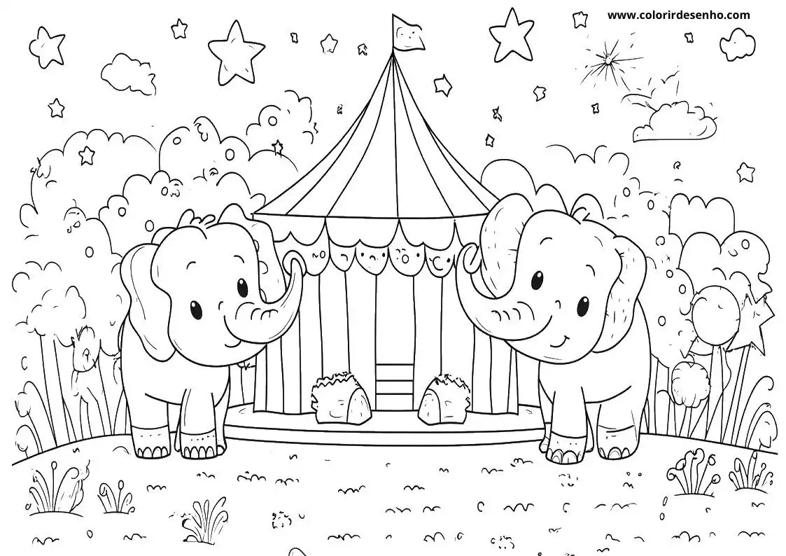 circus elephants playing in front of a circus tent under stars and clouds