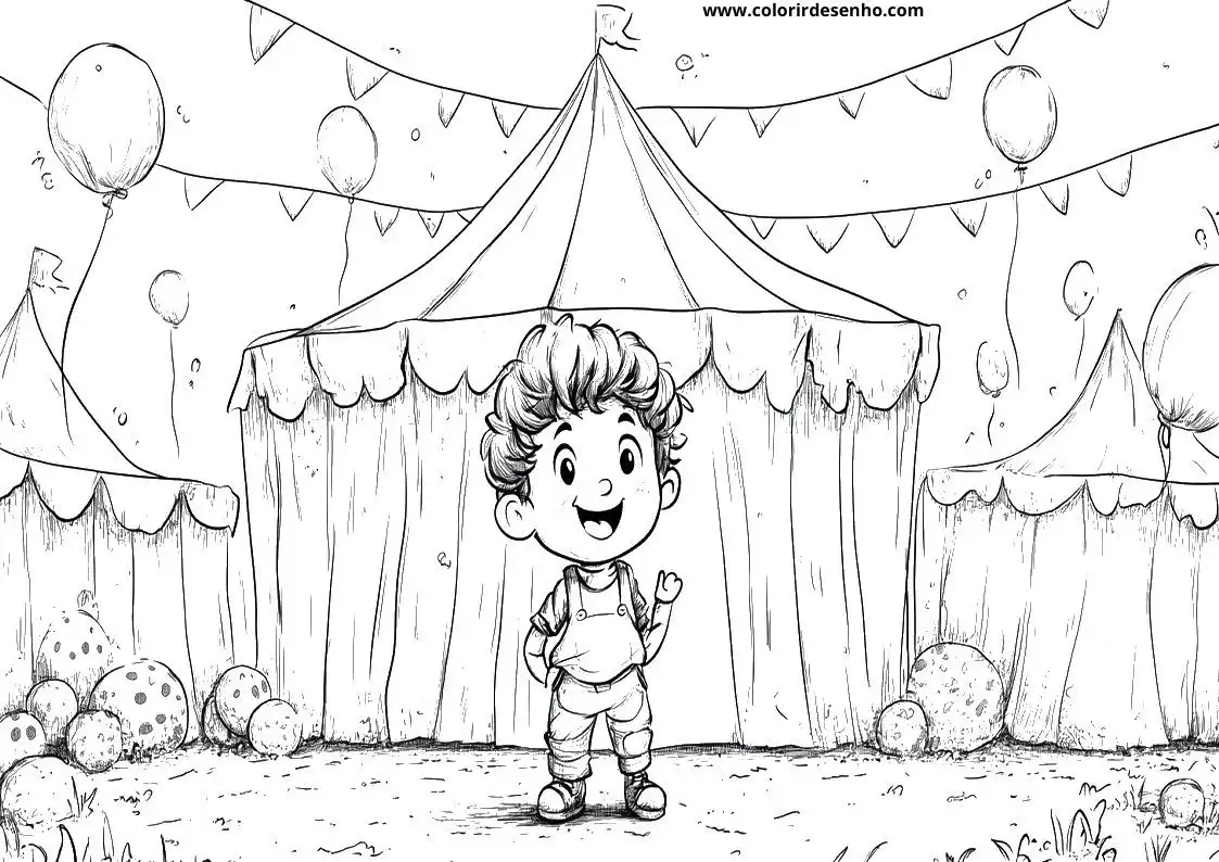 circus performer stands in front of a tent smiling brightly surrounded by balloons