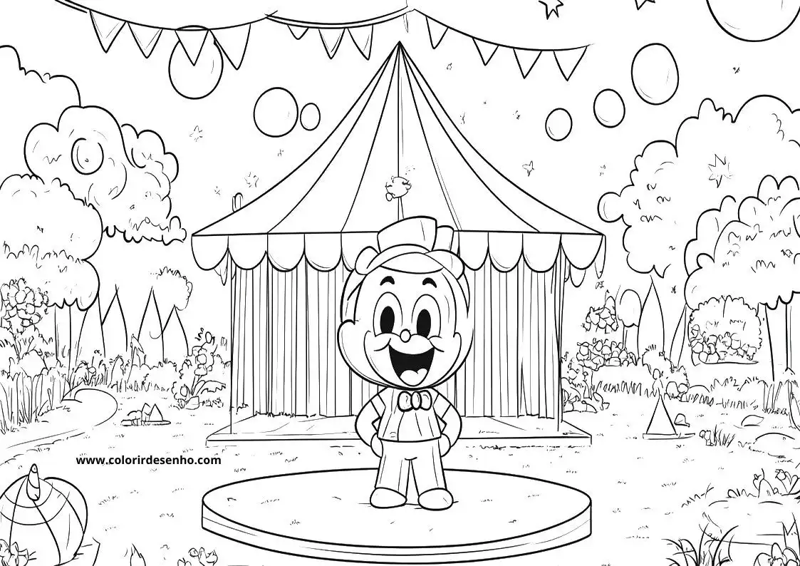circus performer stands on stage in front of circus tent wearing top hat