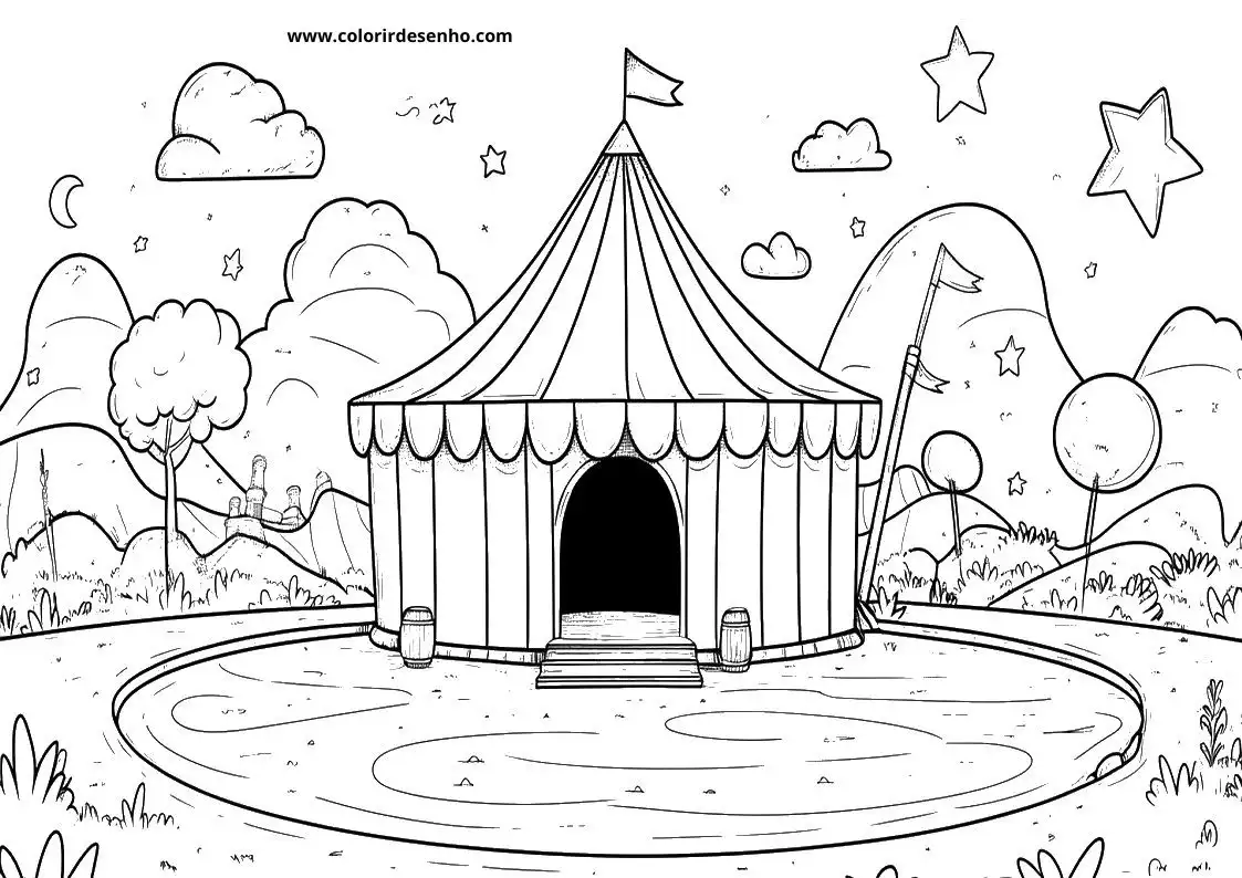 circus tent in a circus setting with stars and clouds around it