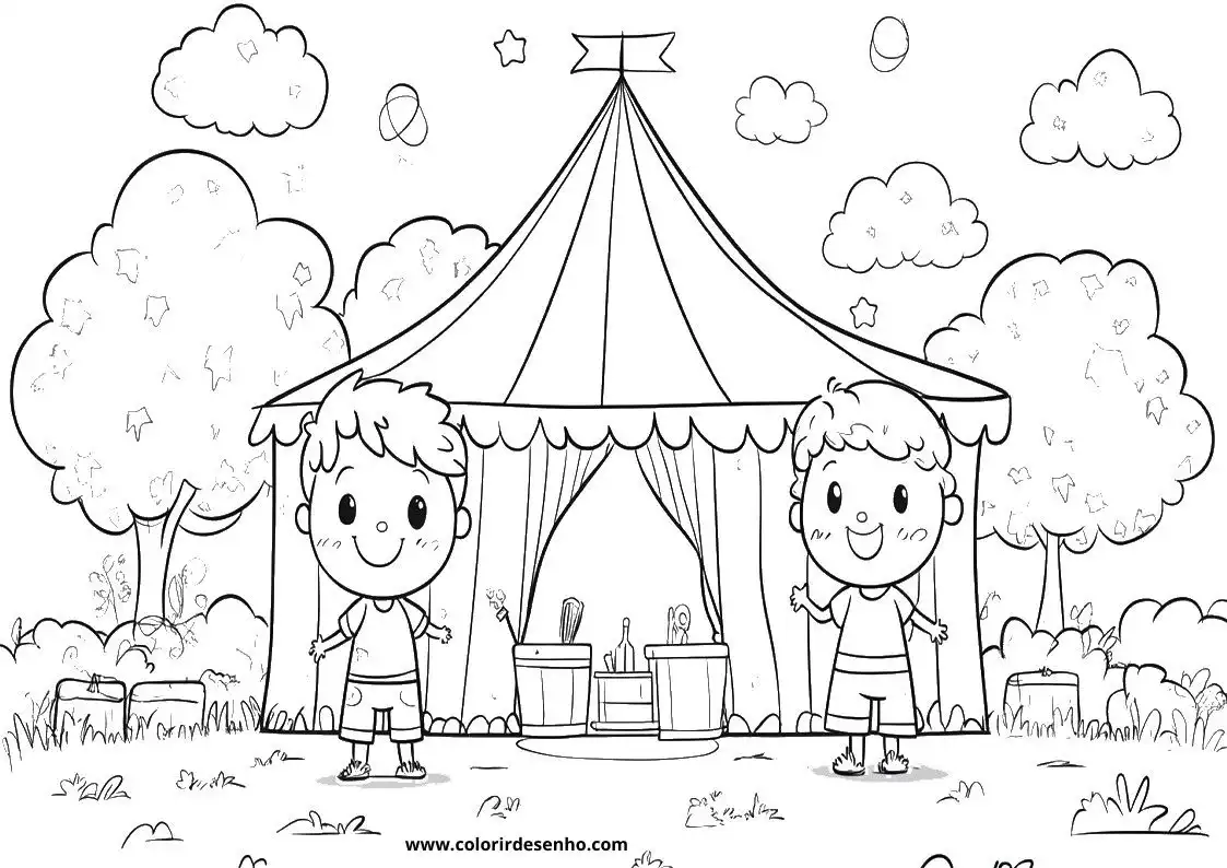 circus tent in a garden setting with two children standing near it