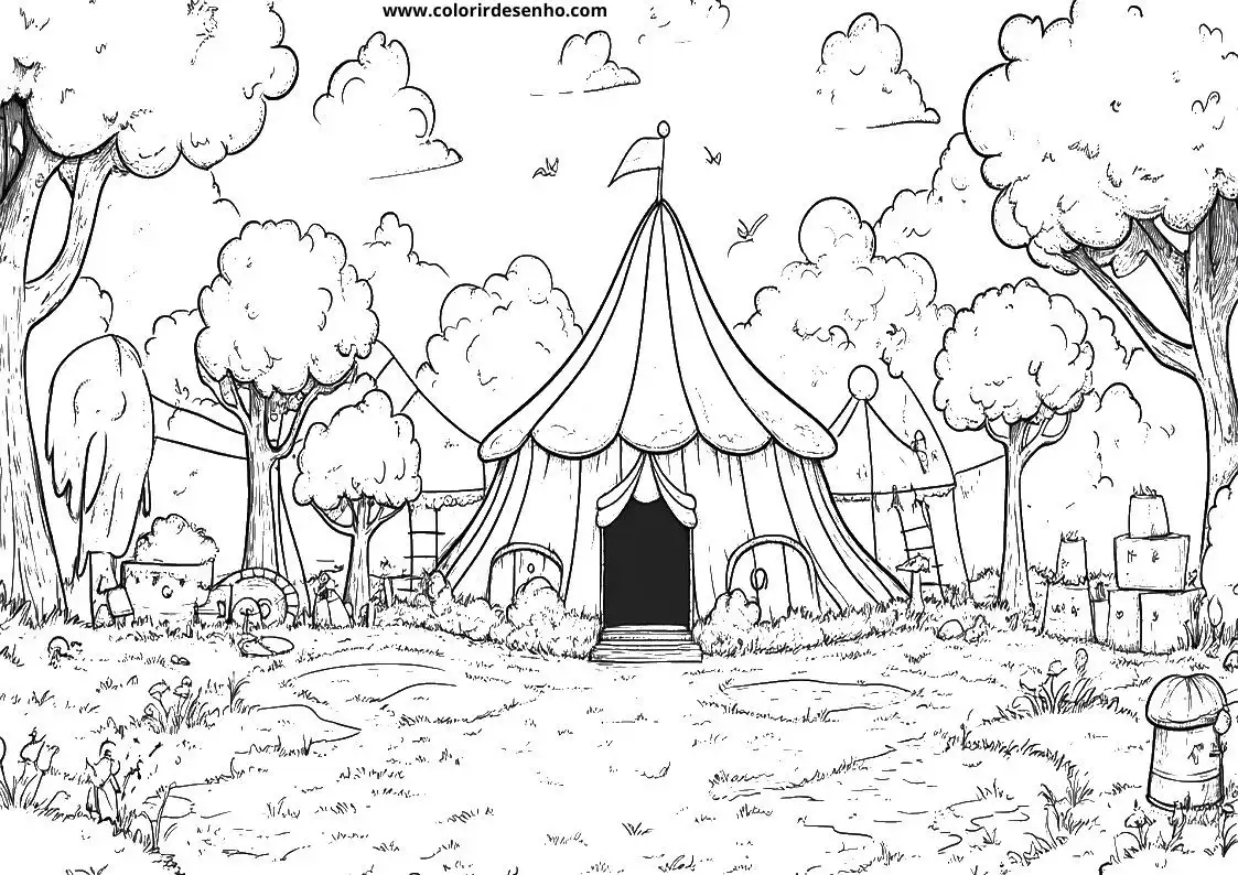 circus tent in forest with clouds above