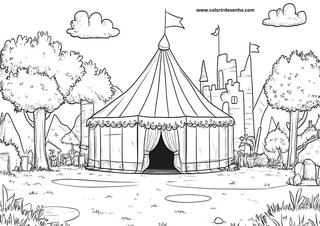 circus tent in front of a castle and trees